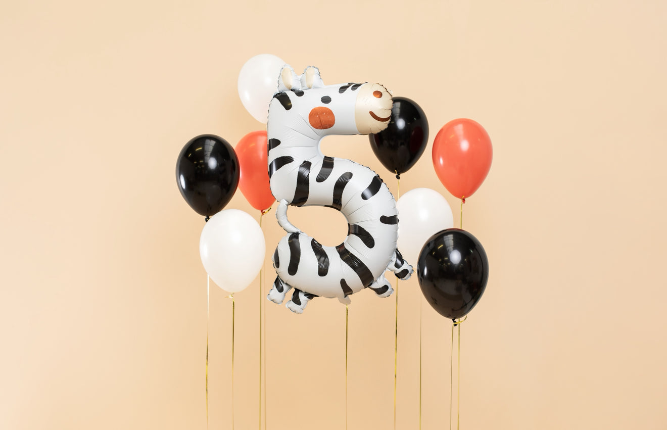 Folija balons ar ciparu 5 - Zebra, 42 × 81 cm, krāsu miksā