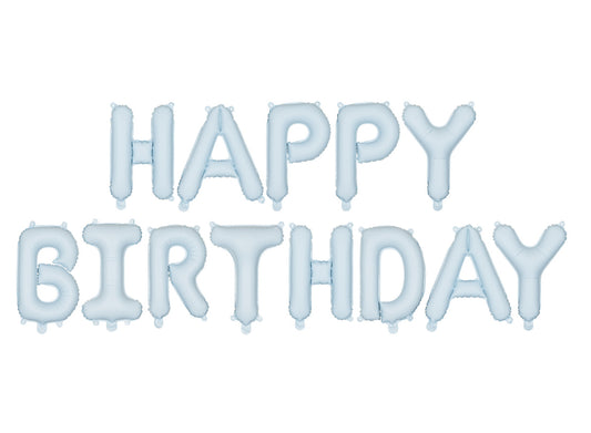 Matēts folijas balons “Happy Birthday”, 340 × 35 cm, gaiši zils