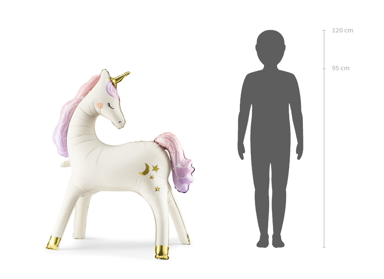 Stāvošs folija balons “Vienradzis”, 95 x 86 cm, bēšā krāsā ar zelta un varavīksnes elementiem