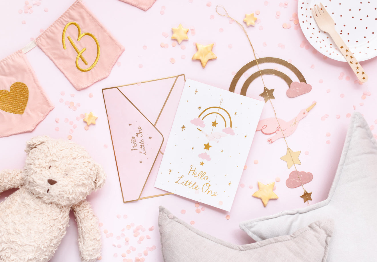 Kartīte ar karājošu dekoru “Gulbis”, gaiši rozā, 14 × 20 cm