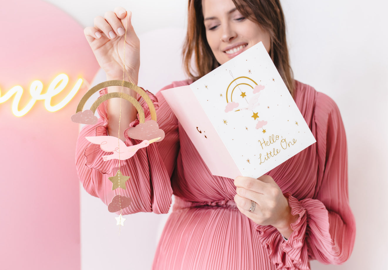 Kartīte ar karājošu dekoru “Gulbis”, gaiši rozā, 14 × 20 cm